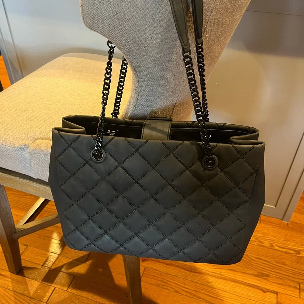 Tory Burch Black Quilted Tote with Chain Straps